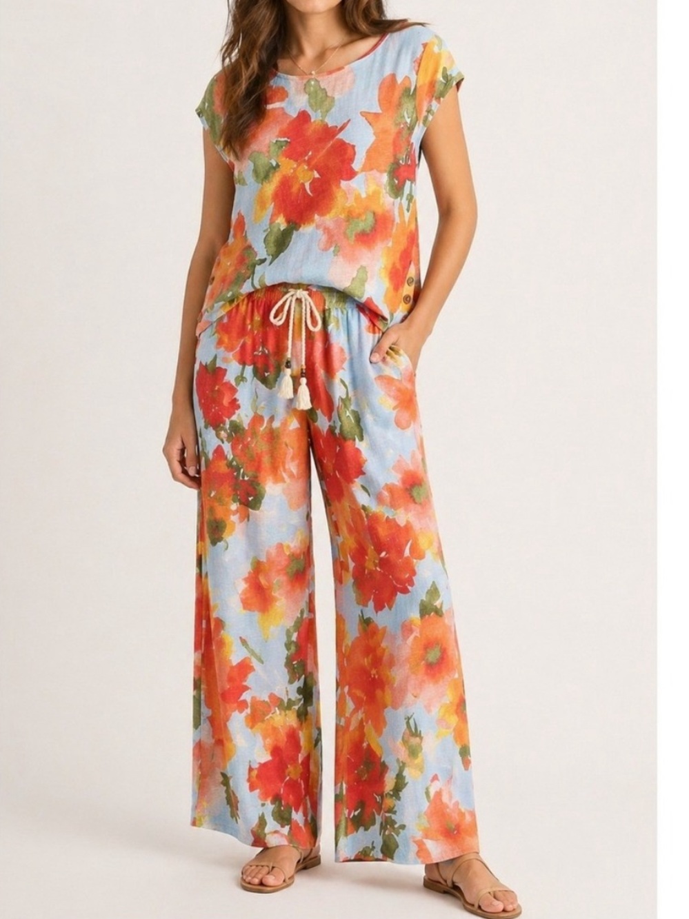 Joie linen blend 2 piece floral set top & Wide-Leg pants size M